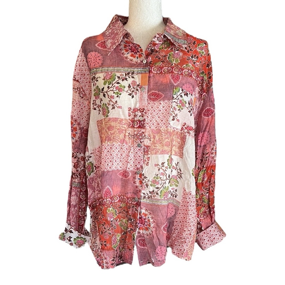 Pol Mixed Floral Patchwork Printed Button Down Ov… - image 1